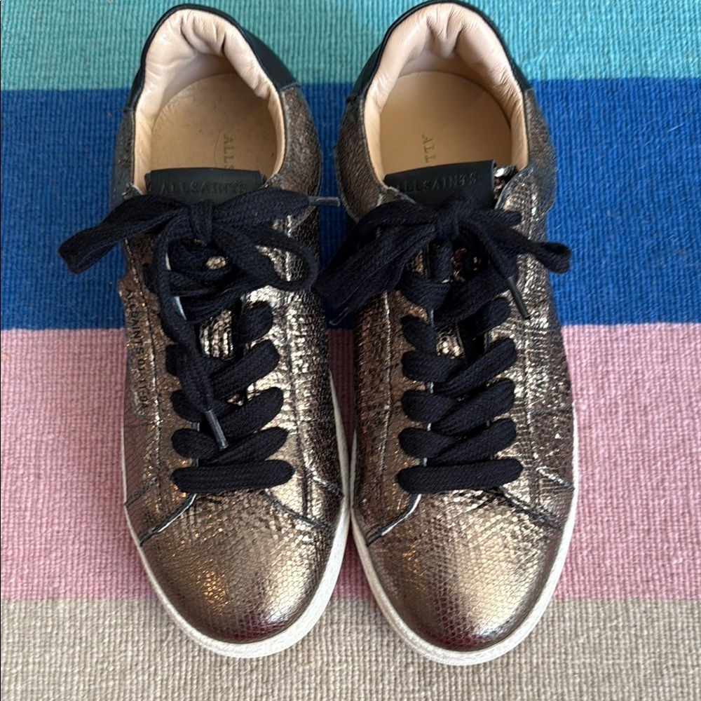 NWOB ALL SAINTS Sheer Shimmer Sneakers Metallic Gold Size 6